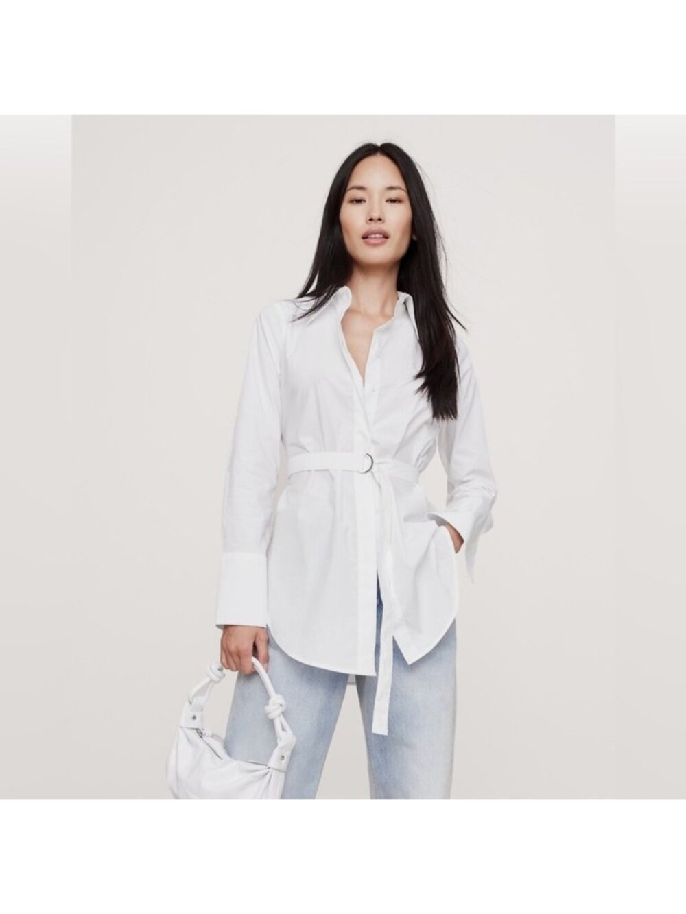 Banana Republic Cotton Poplin Belted Button Front Tunic Shirt Woman Medium White